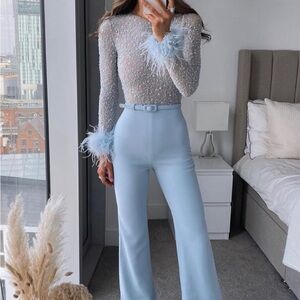 NADINE MERABI Light Blue Feather Jumpsuit